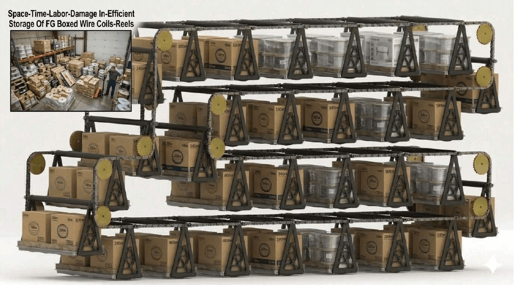 Vertical Carousels For Space-Time-Labor-Damage Efficient Vertical Storage Of Finished Goods Boxed Wires-Cables Coils-Reels In Insulated Power-Telecom-Optic Fiber Cables-Wires Manufacturing Plants